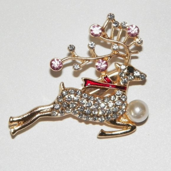 Christmas Reindeer Rhinestone Brooch 2" Gold - Picture 2 of 5